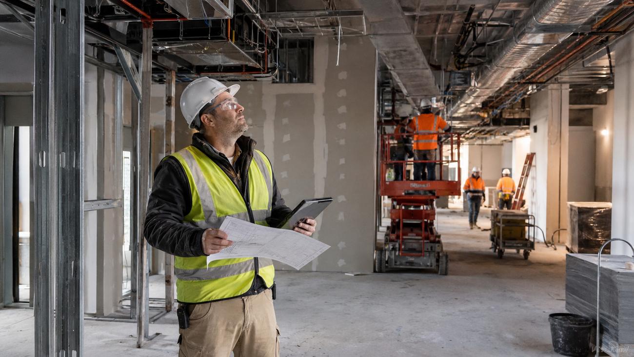 Construction manager inspecting services in a fit-out