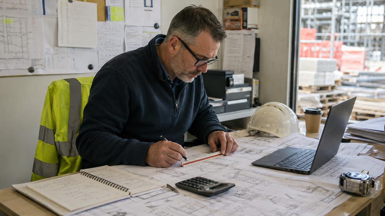 Project manager reviewing drawings and program