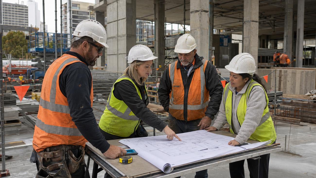 Site team reviewing drawings together