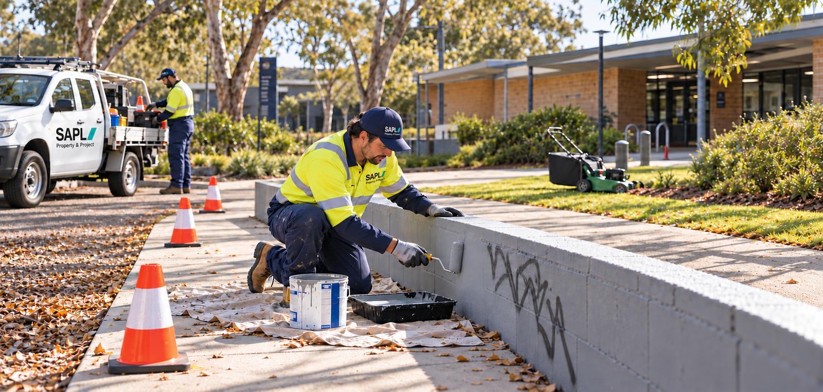 SAPL crew painting out graffiti on a wall