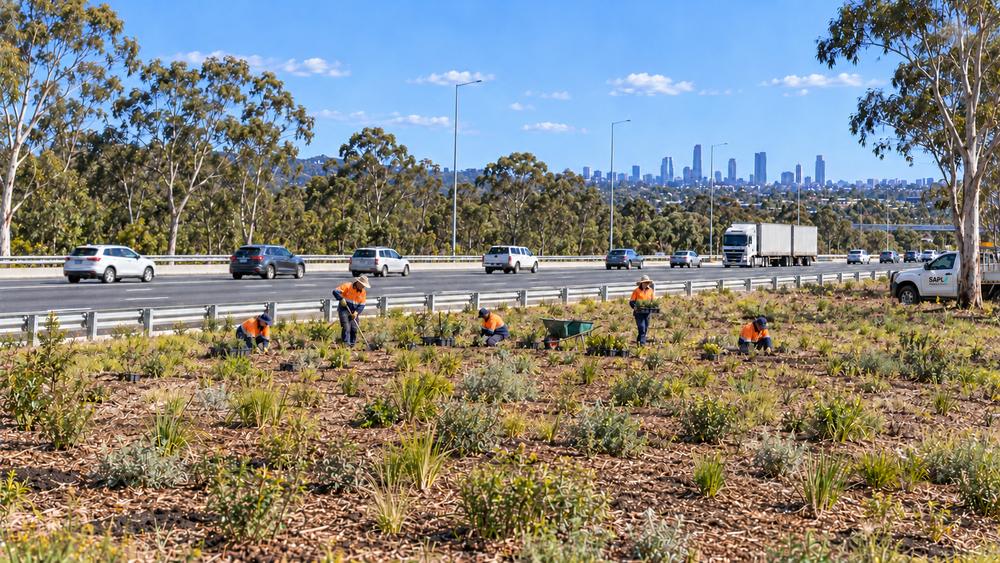 Revegetation planting beside a freeway